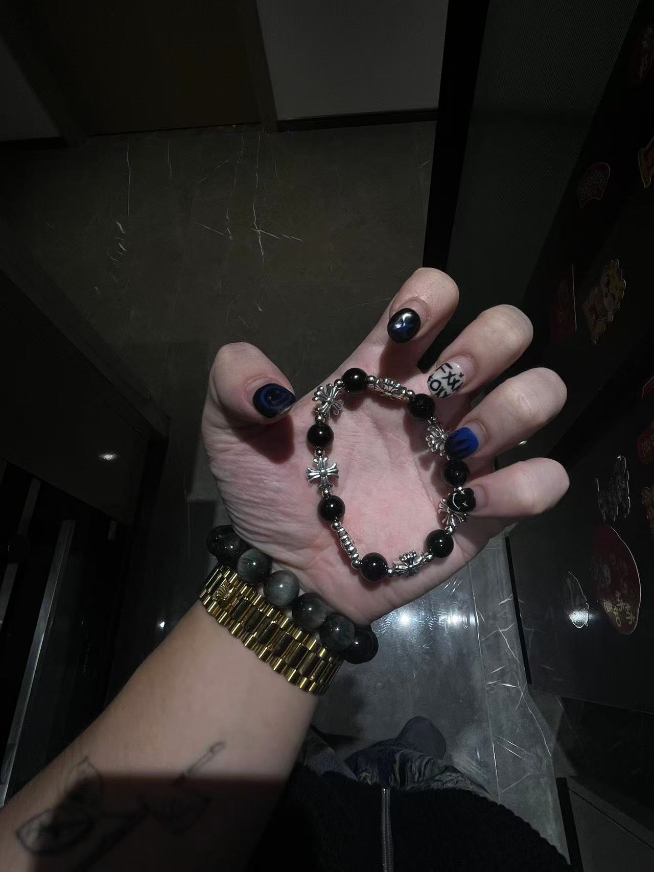 合金手链 【陨灭 梦魇幽冥 手串】八银黑珠十字手串风发字嘻哈潮