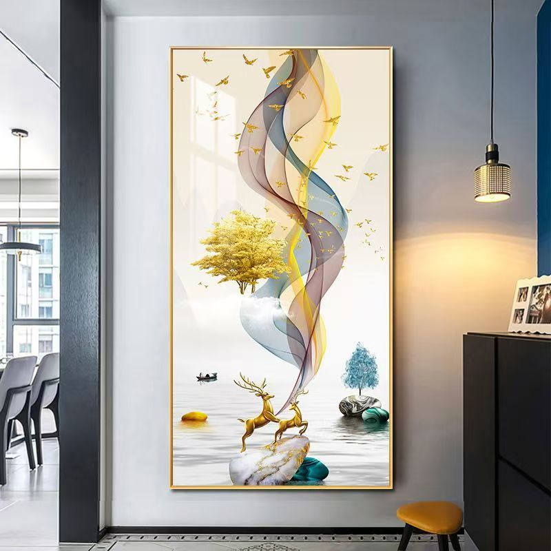 麋鹿玄关装饰画走廊尽头前程似锦挂画入户门过道楼梯竖款装饰画