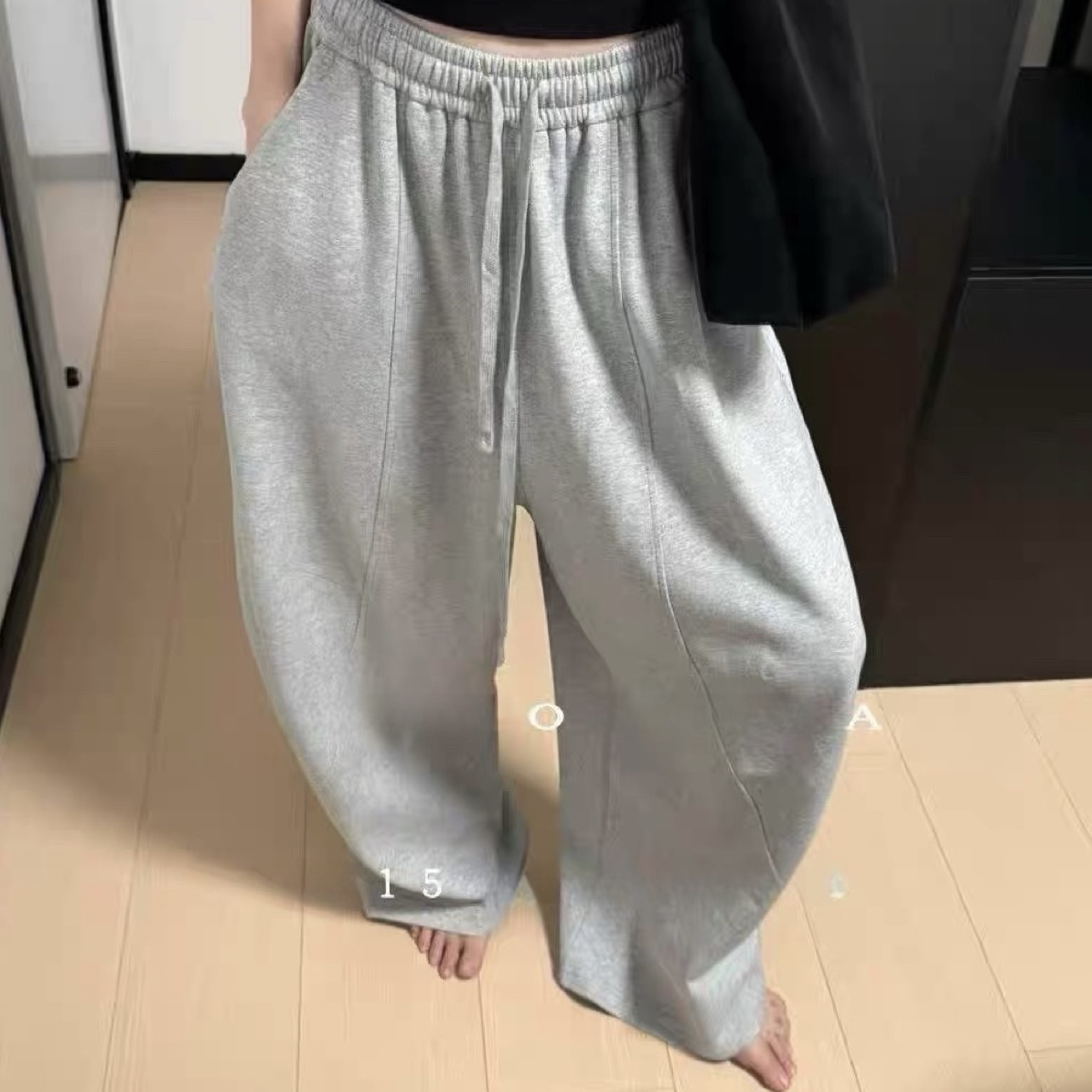 61362#【東Room】2025新款韩系百搭松紧腰抽绳显瘦弯刀裤女