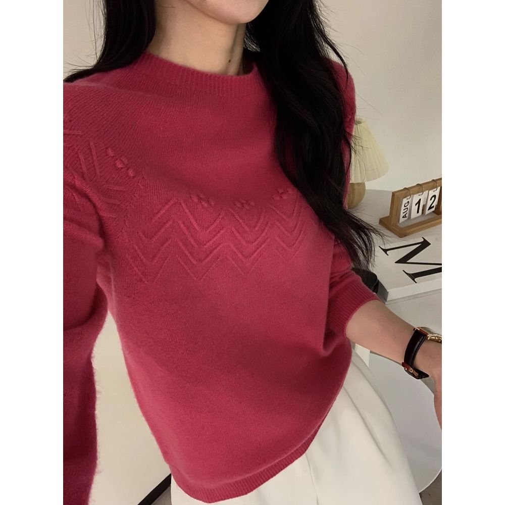 【100%纯羊毛】专柜同款秋冬纯羊毛提花针织衫女气质套头毛衣打底