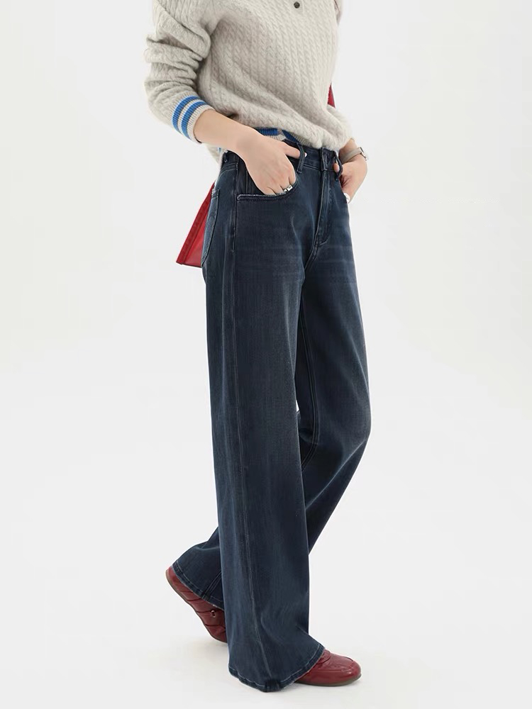 G319 林林秋季+加绒新款深蓝色高腰弹力宽松窄版阔腿