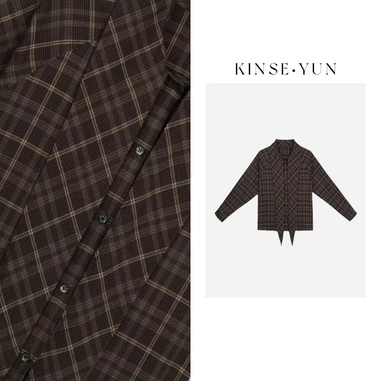 KINSE·YUN  『美拉德』复古调翻领连接飘带设计格子衬衫上衣QD2372
