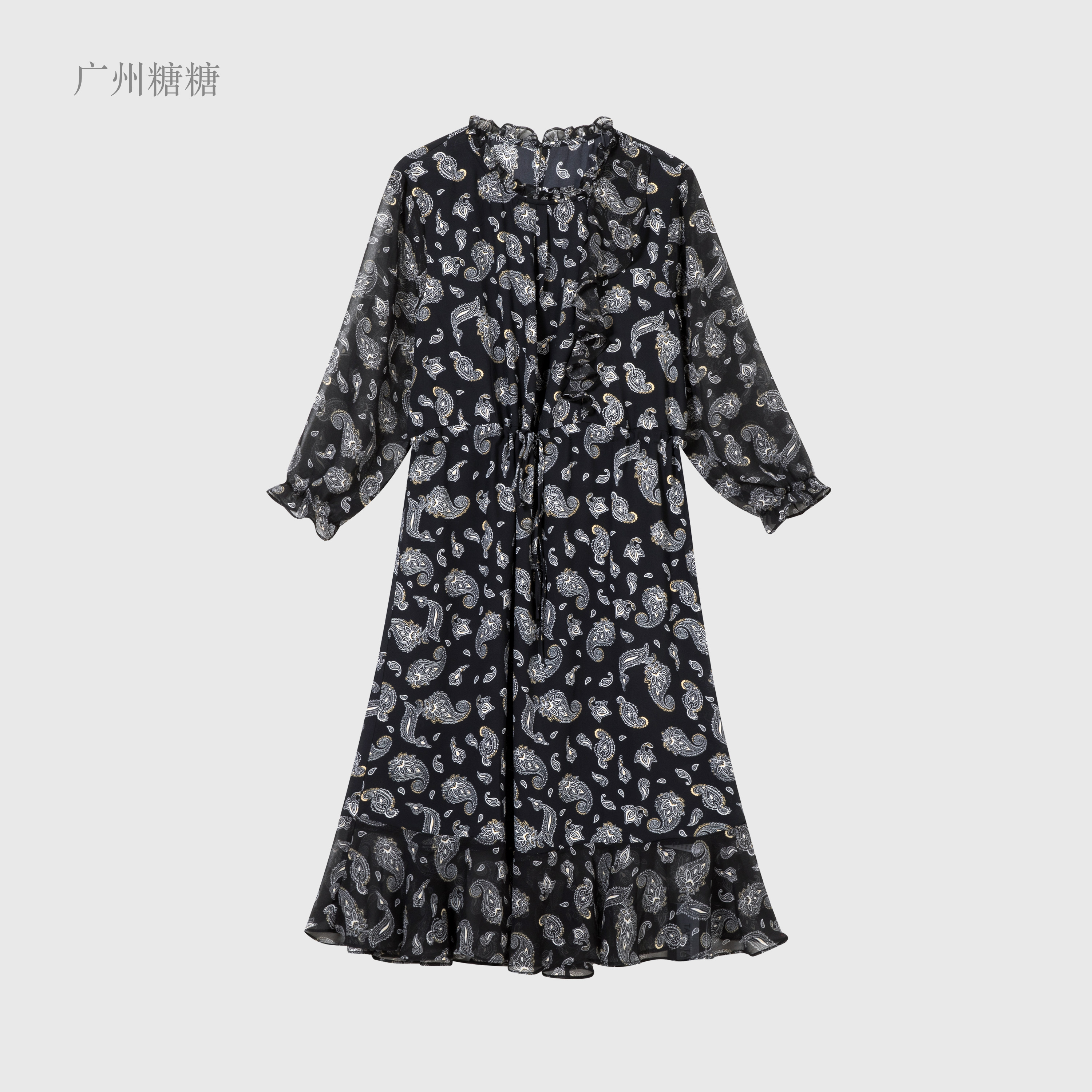 2025新款韩国双绉花时尚气质印花宽松显瘦中长款裙子【6856】