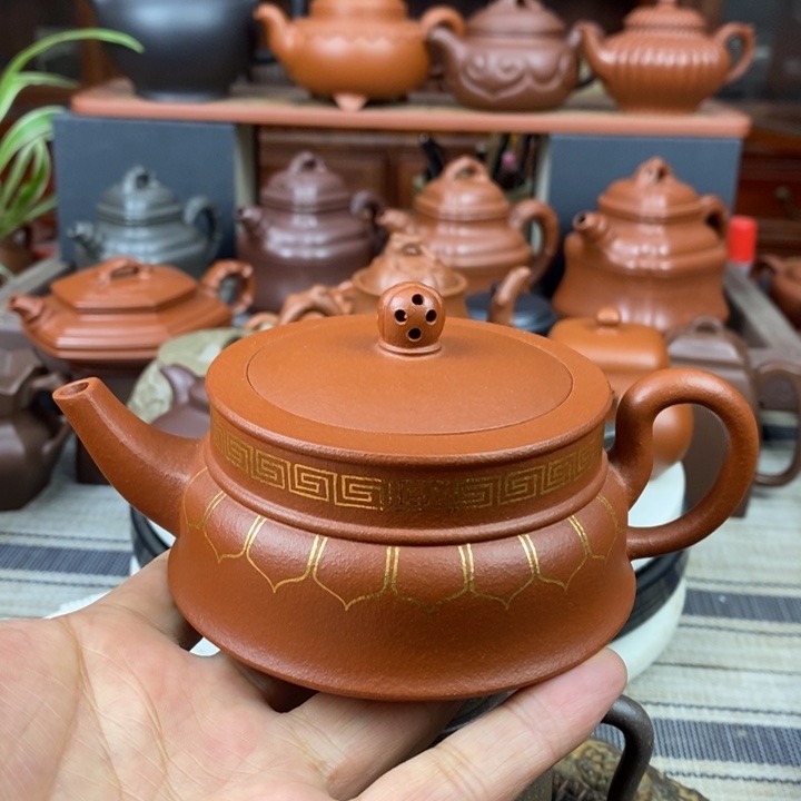 紫砂茶壶禅玉230CC原矿一厂老红土紫砂描纯金特价