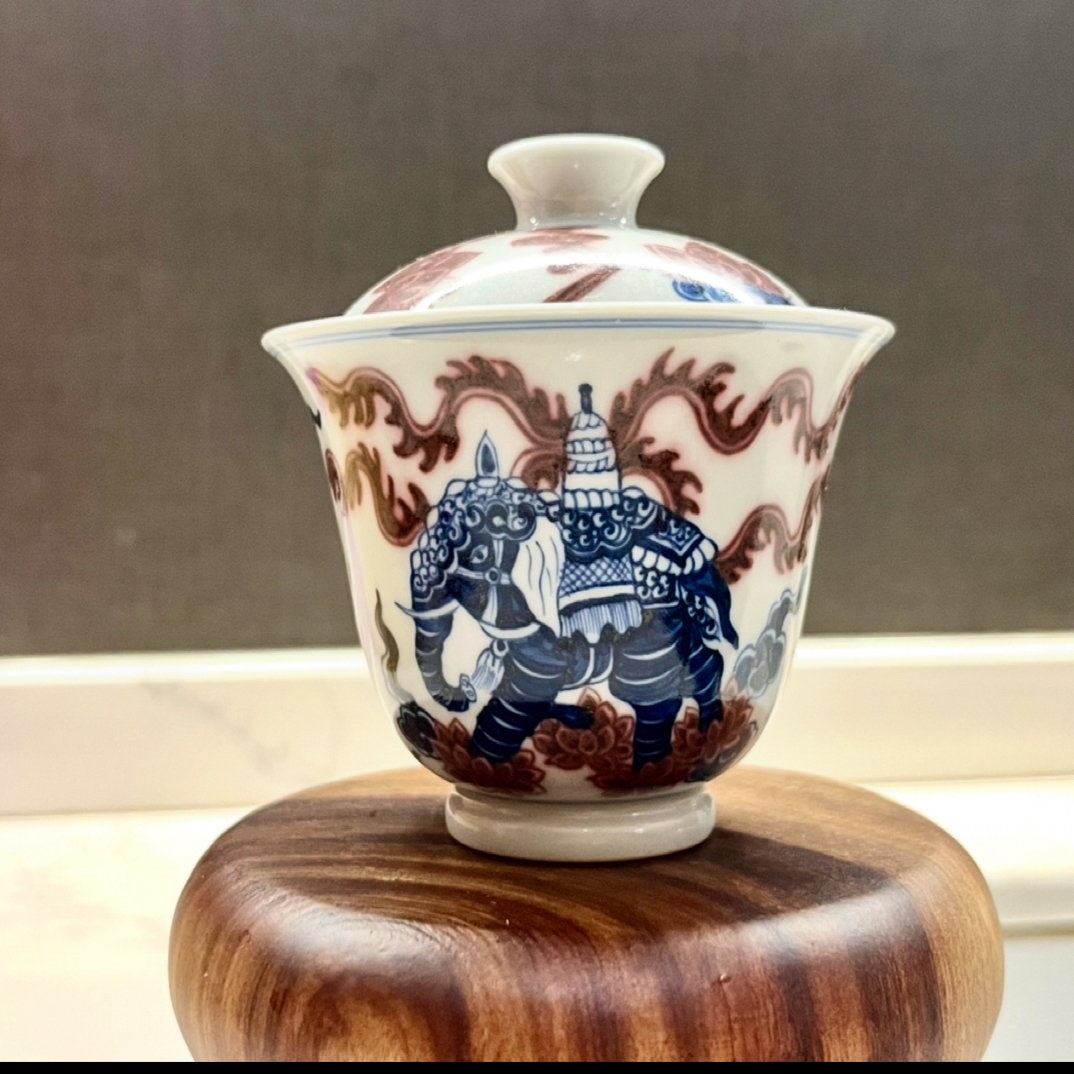 仿元青花釉里红太平象手工手绘，盖碗容量120左右