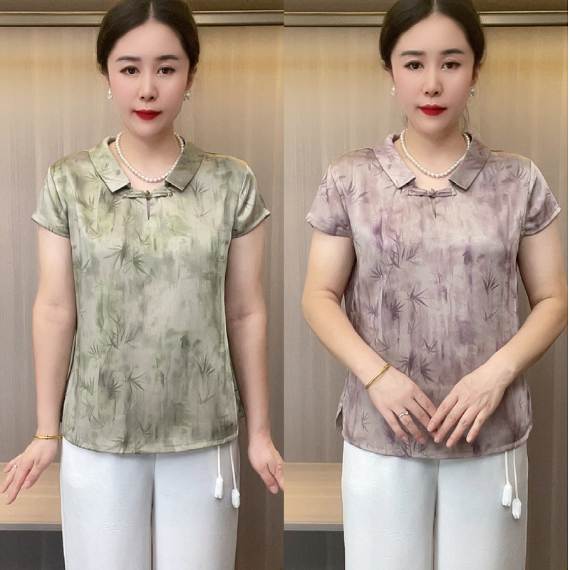 5115新款夏季短袖翻领中老年时尚大码精品上衣宽松洋气妈妈装T恤