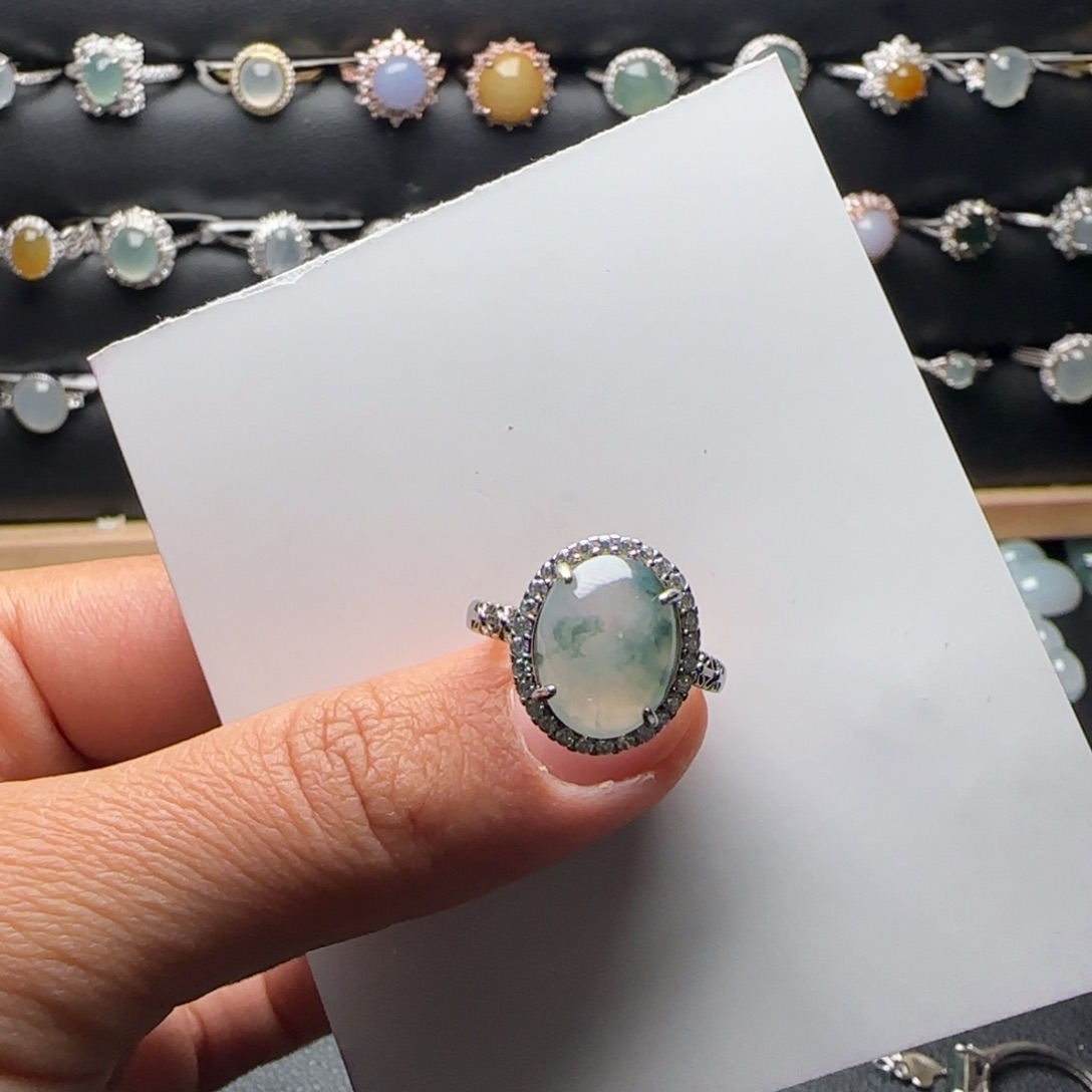 翡翠戒指银S925镶嵌天然缅甸A货翡翠