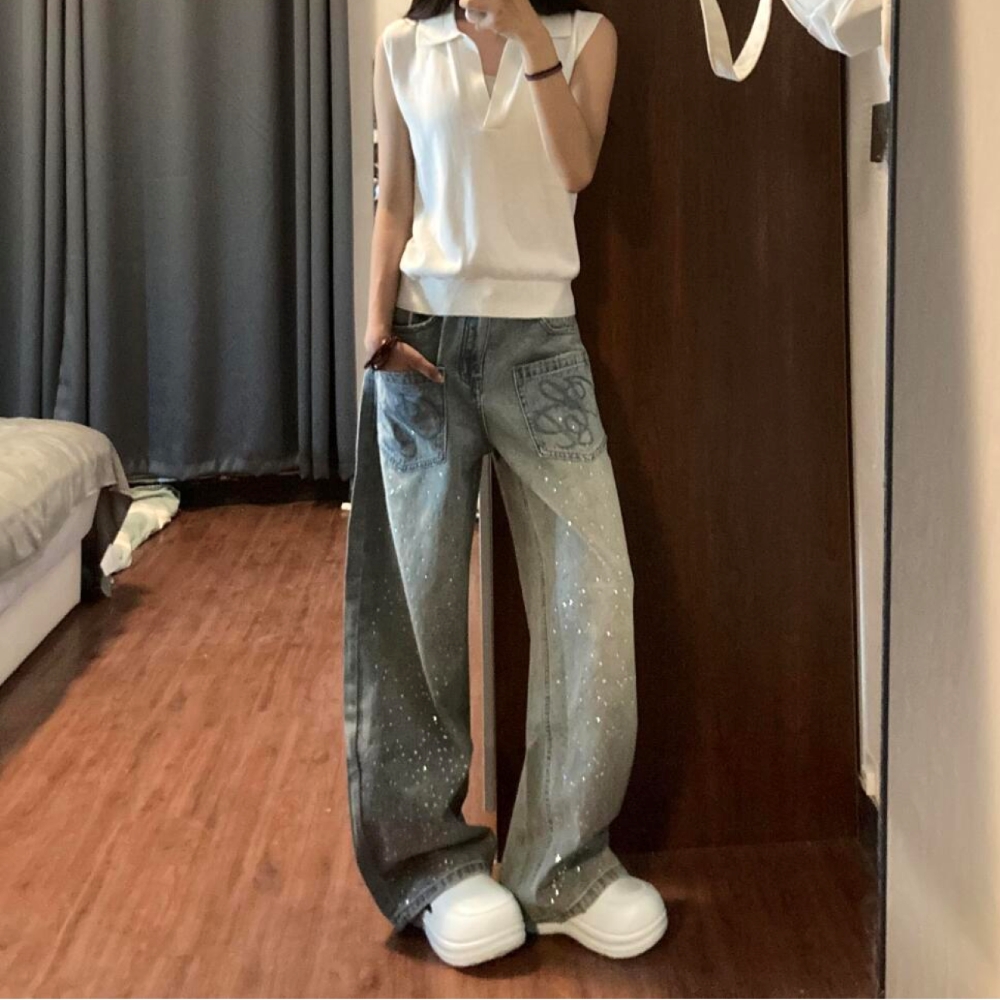 美式复古重磅设计感立体水钻牛仔阔腿裤辣妹宽松慵懒松弛感拖地裤