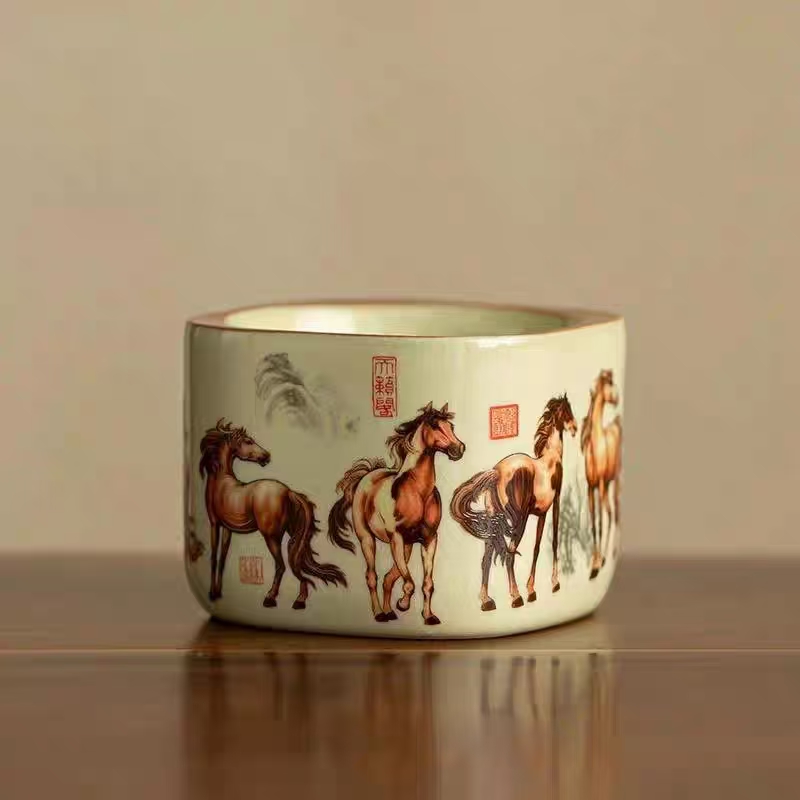 乐水缘汝窑八骏图四方高端主人杯（两个装）619