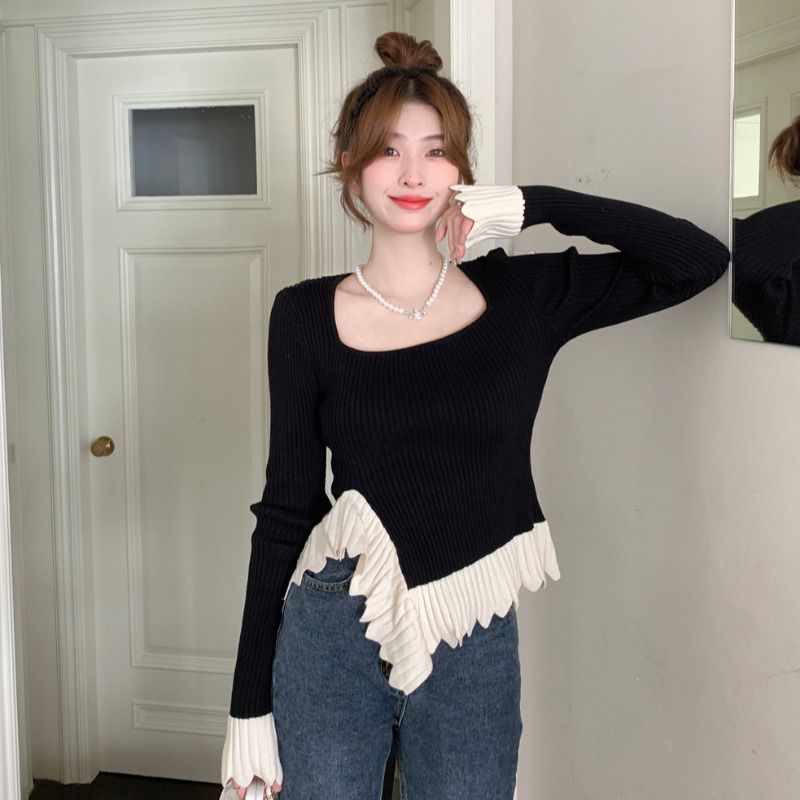 大码女装不规则方领针织衫长袖秋季胖mm设计小众别致显瘦遮肉上衣