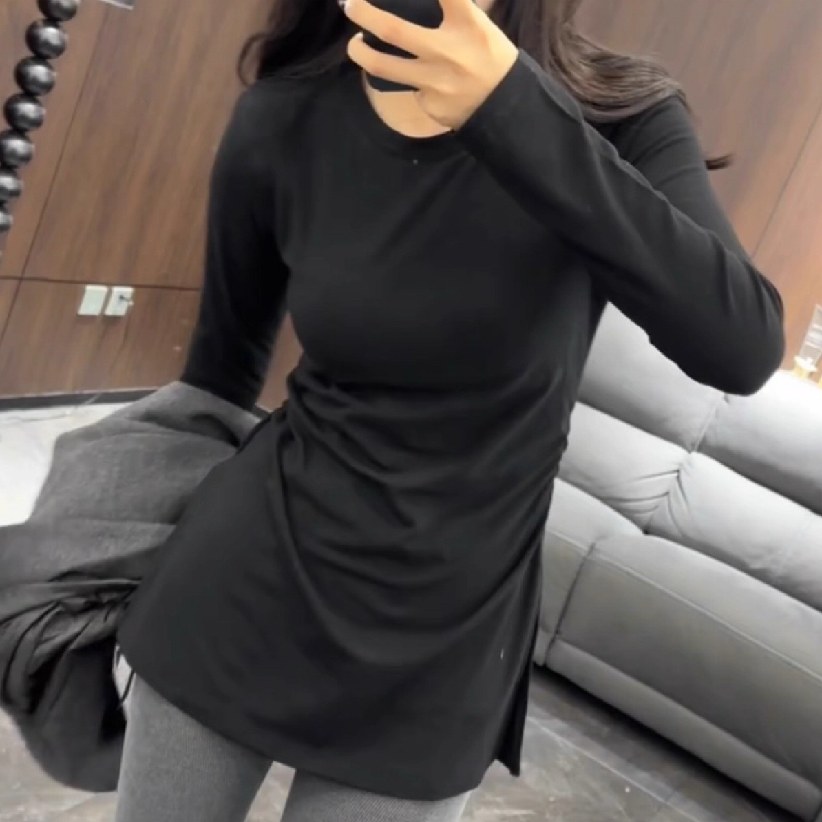 欧洲站秋冬新款纯色中长款磨毛t恤女长袖修身显瘦百搭圆领打底衫