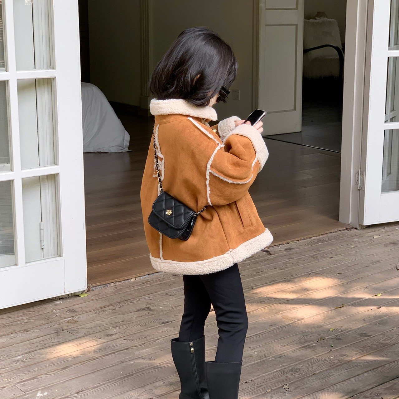 儿童韩版外套2025秋冬新款皮毛一体拉链加厚翻领外套 加绒瑜伽裤