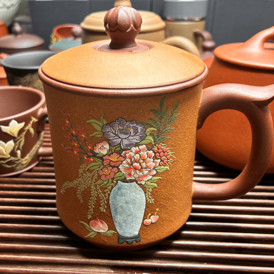 宜兴纯手工紫砂杯带盖泡茶杯正品紫泥粉浆泥绘刻绘松鹿杯高档茶具