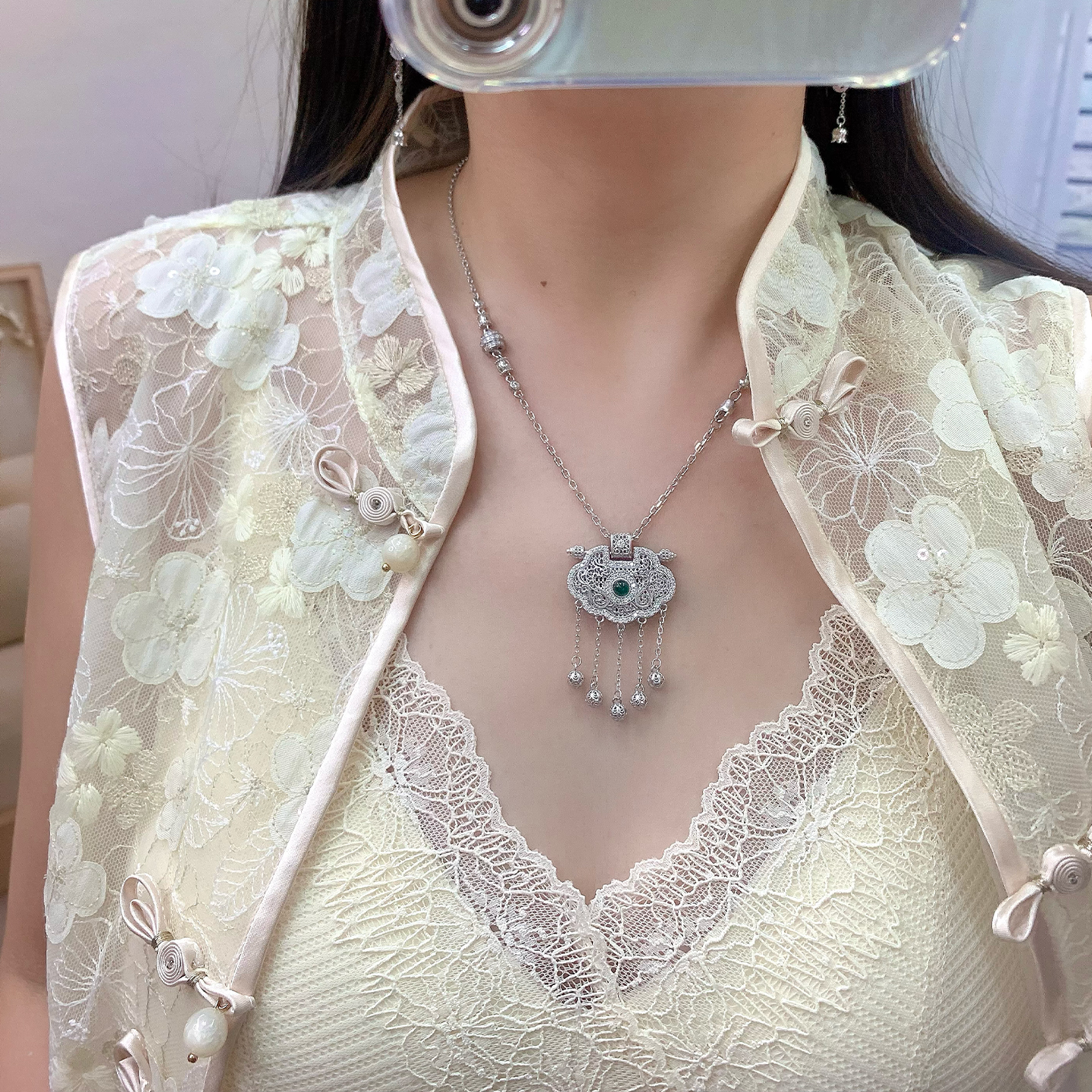 铂金项链pt950铂金吊坠天子门生镶嵌长命锁平安锁如意锁吊坠女款