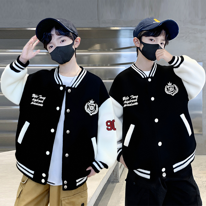 新2025冬季加绒加厚拉链衫帅气厚款宽松中大童外套棒球服外套休闲