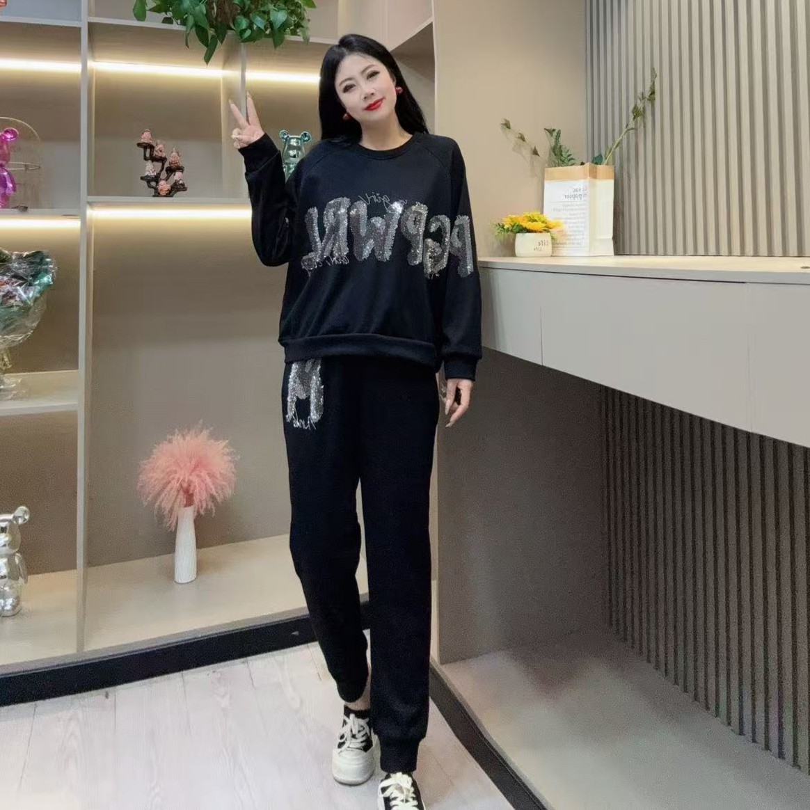 冬季加绒套装-玲 8857潮流亮闪保暖设计显瘦款胖MM大码女装新款