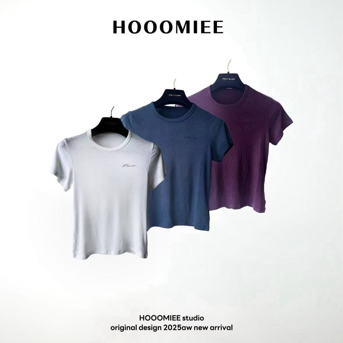 Hooomiee极简柔感刺绣字母T恤夏季女士百搭圆领短袖SY2024008