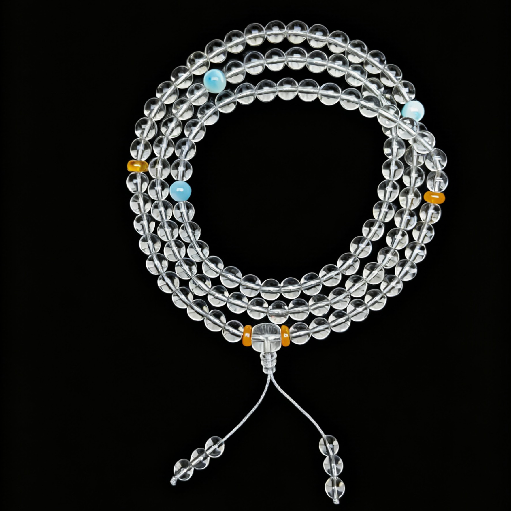 天然双A全净体白水晶108念珠佛珠手链配珠海纹石蜜蜡