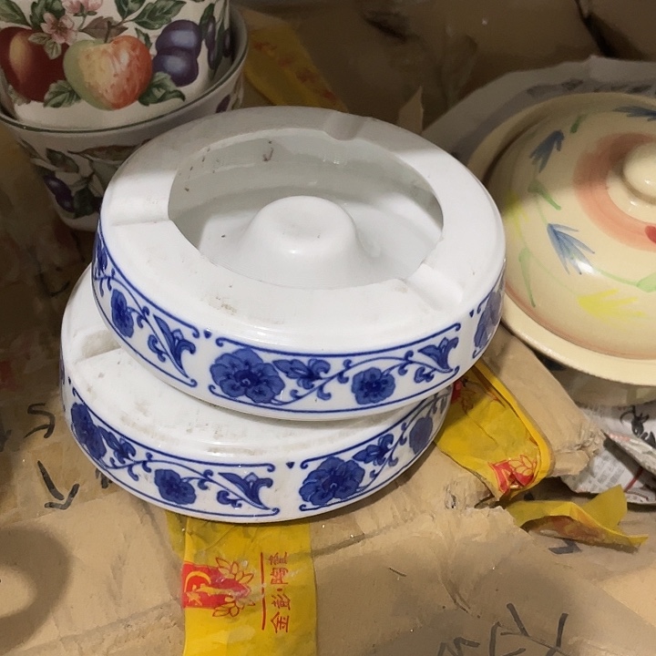 瓷片国营十厂青花釉下烟灰缸一对 微瑕庛