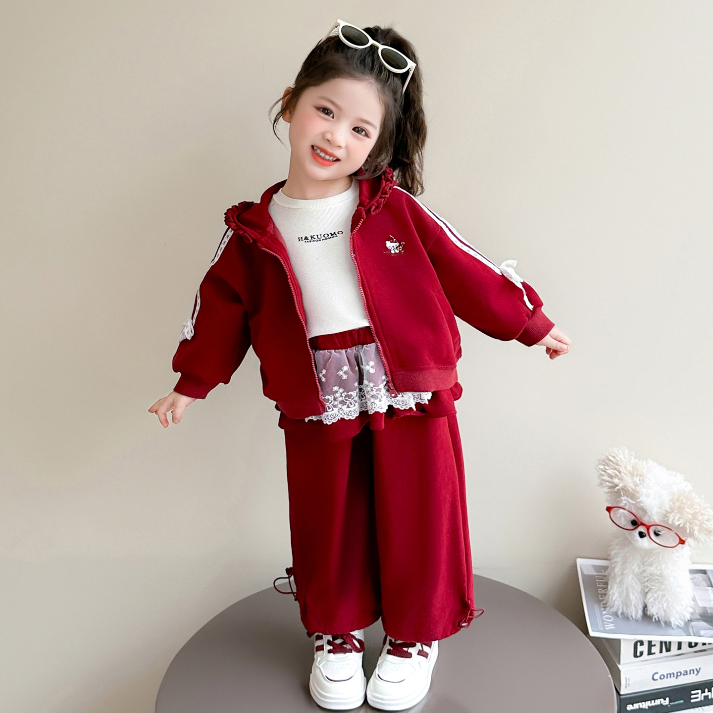 女童秋季花边连帽卫衣红色套装幼儿园蕾丝边卫裤小女孩洋气两件套