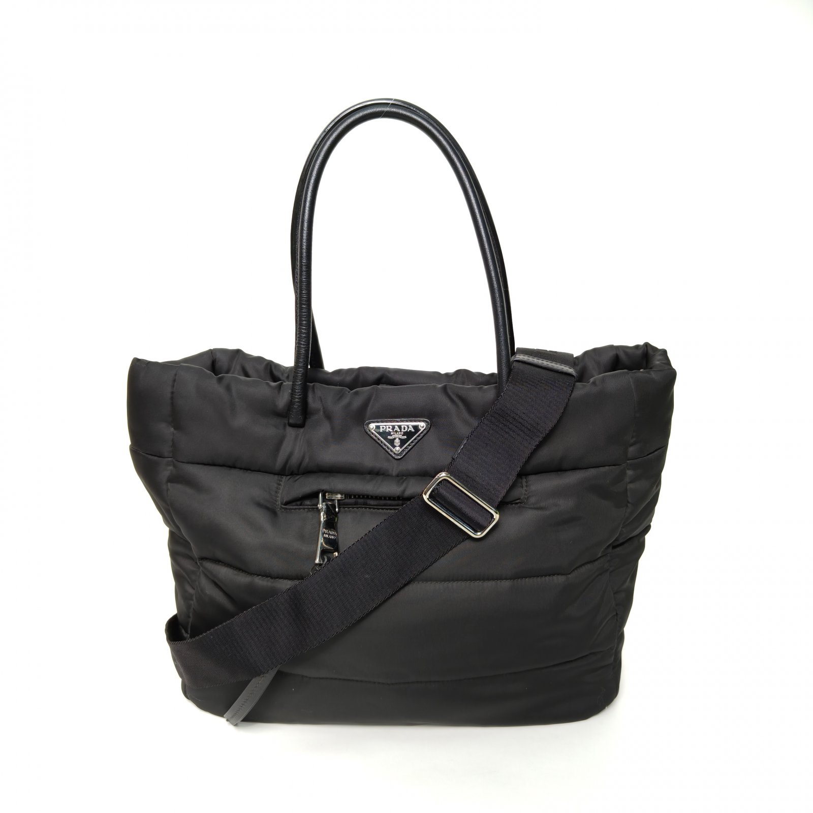 95新 Prada/普拉达 【娇】黑色尼龙 羽绒手提棉服包 沙滩包 724746