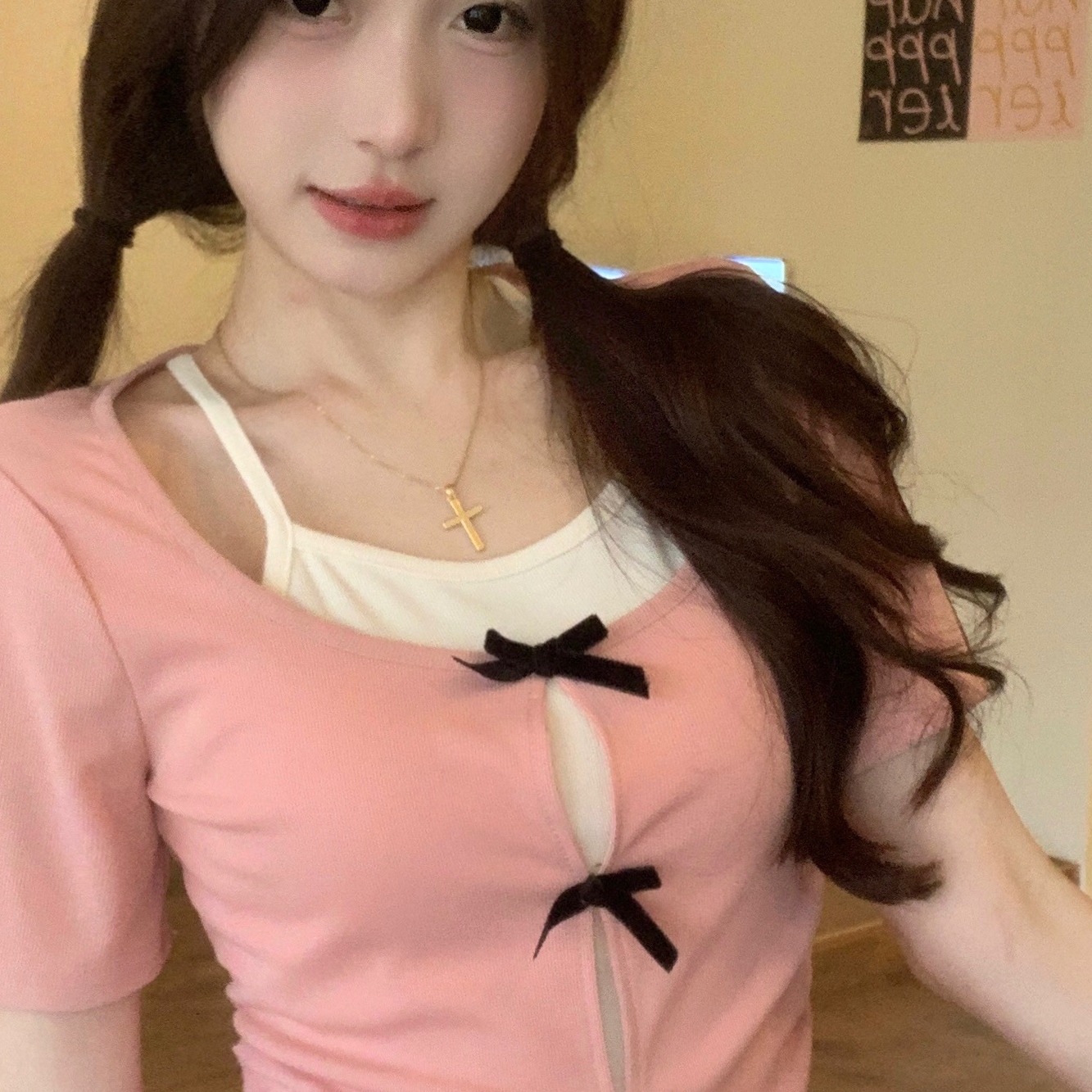 【0157】大码女装胖mm夏季小众设计感甜美假两件T恤显瘦短袖上衣