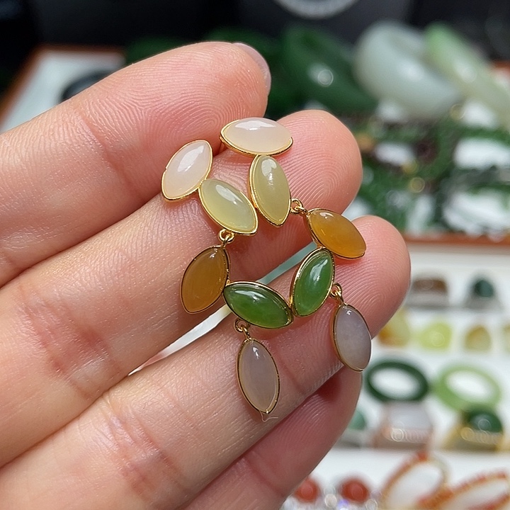 和田玉银S925镶嵌耳饰颜色多样性发货