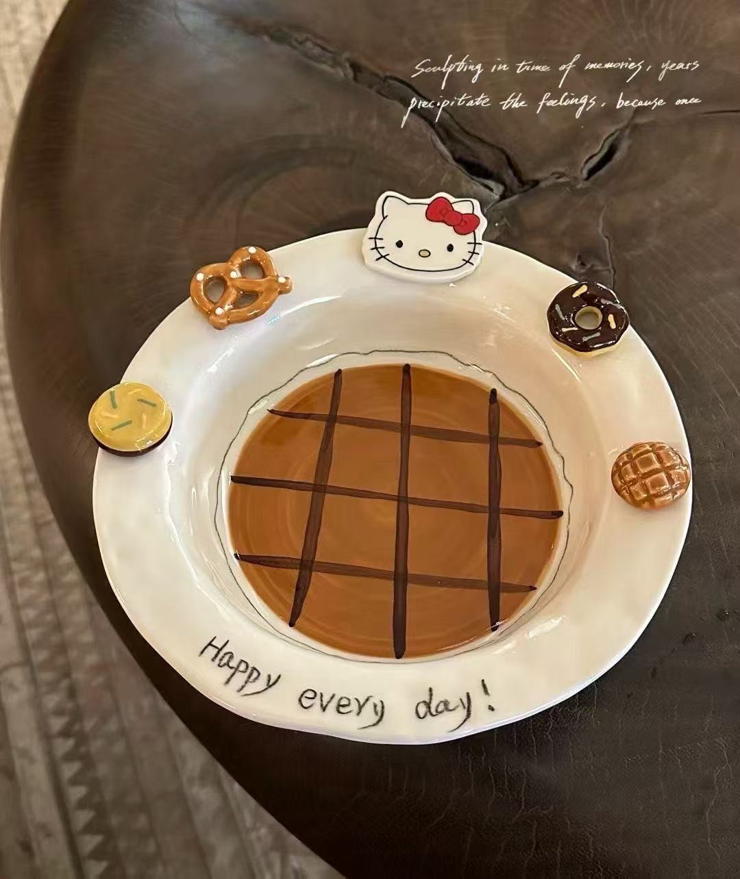 可爱kitty猫咪立体手绘陶瓷饭碗釉下彩高颜值菜盘家用双耳碗礼物