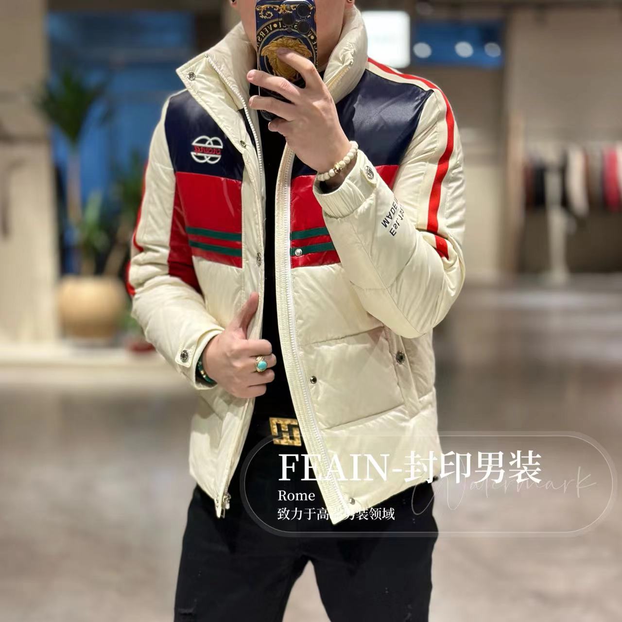 高端定制男士珠光琉璃纱立体拼色羽绒服88052