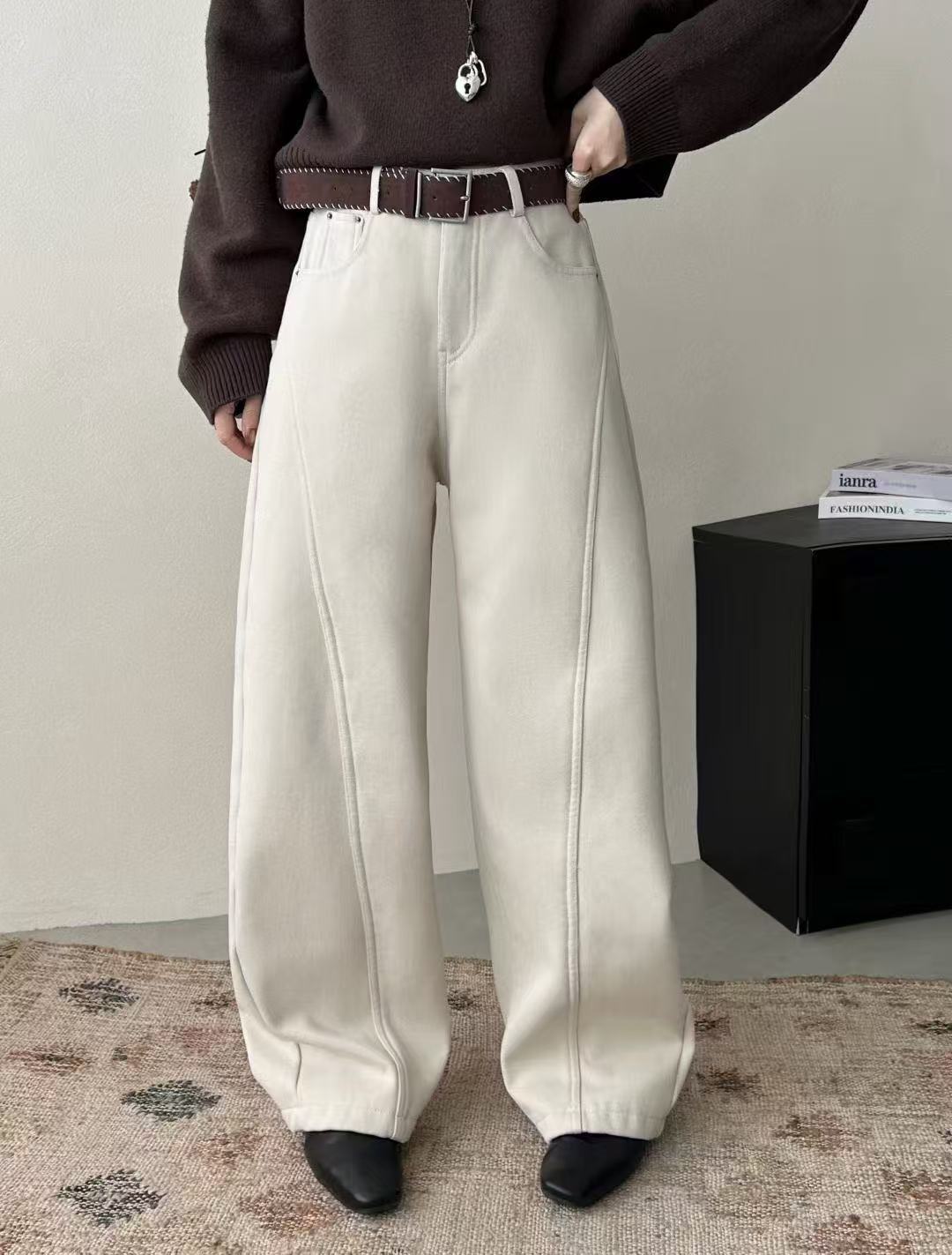 芳芳7813加绒加厚阔腿裤弯刀裤配腰带百搭显瘦显高休闲裤子女冬款