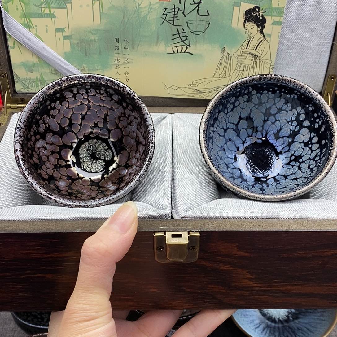 茶盏红蓝油滴对杯手工