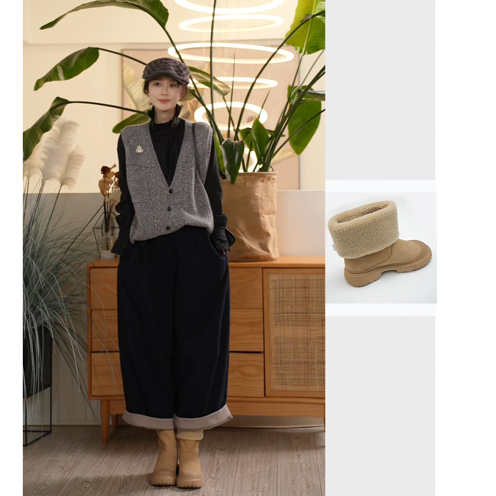 库茵 叭哒不惑 羊羔毛牛皮羊织毛时尚加绒靴子