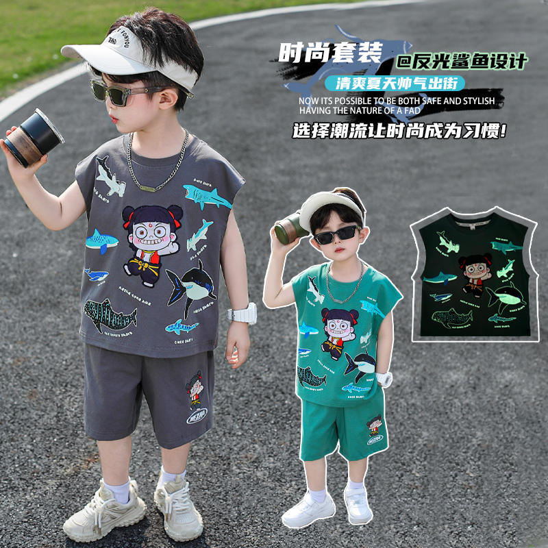 男孩运动套装卡通夏装哪吒韩版夏季男运动风潮流帅气清爽