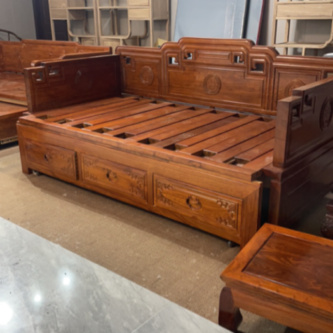 老榆木国色天香素面推拉罗汉床