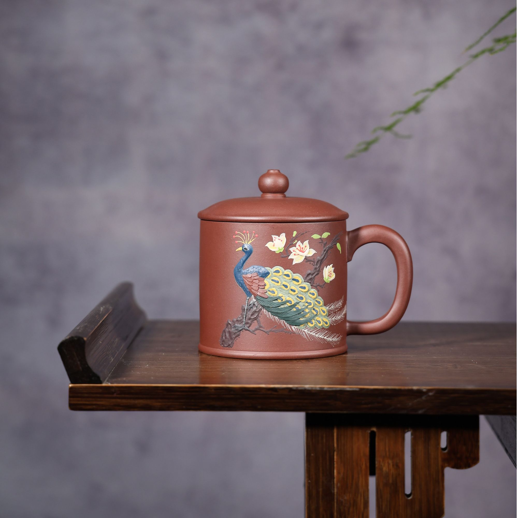 【盼盼紫砂-孔雀杯】紫泥泥绘 宜兴原矿紫砂大容量手工杯