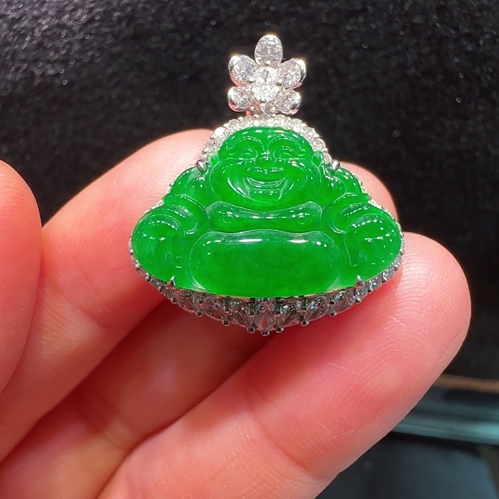 翡翠吊坠(不含链)18K金镶嵌缅甸翡翠a货佛公