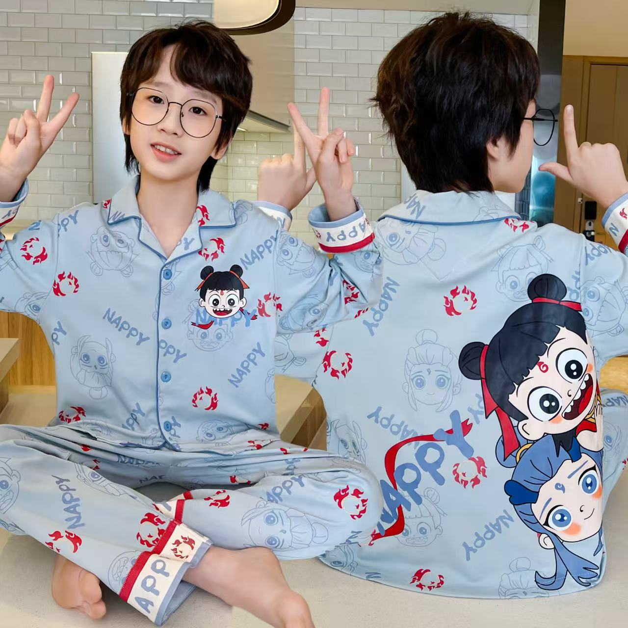 2025新款哪吒睡衣男童春秋季棉质长袖儿童男孩大童夏季家居服春装