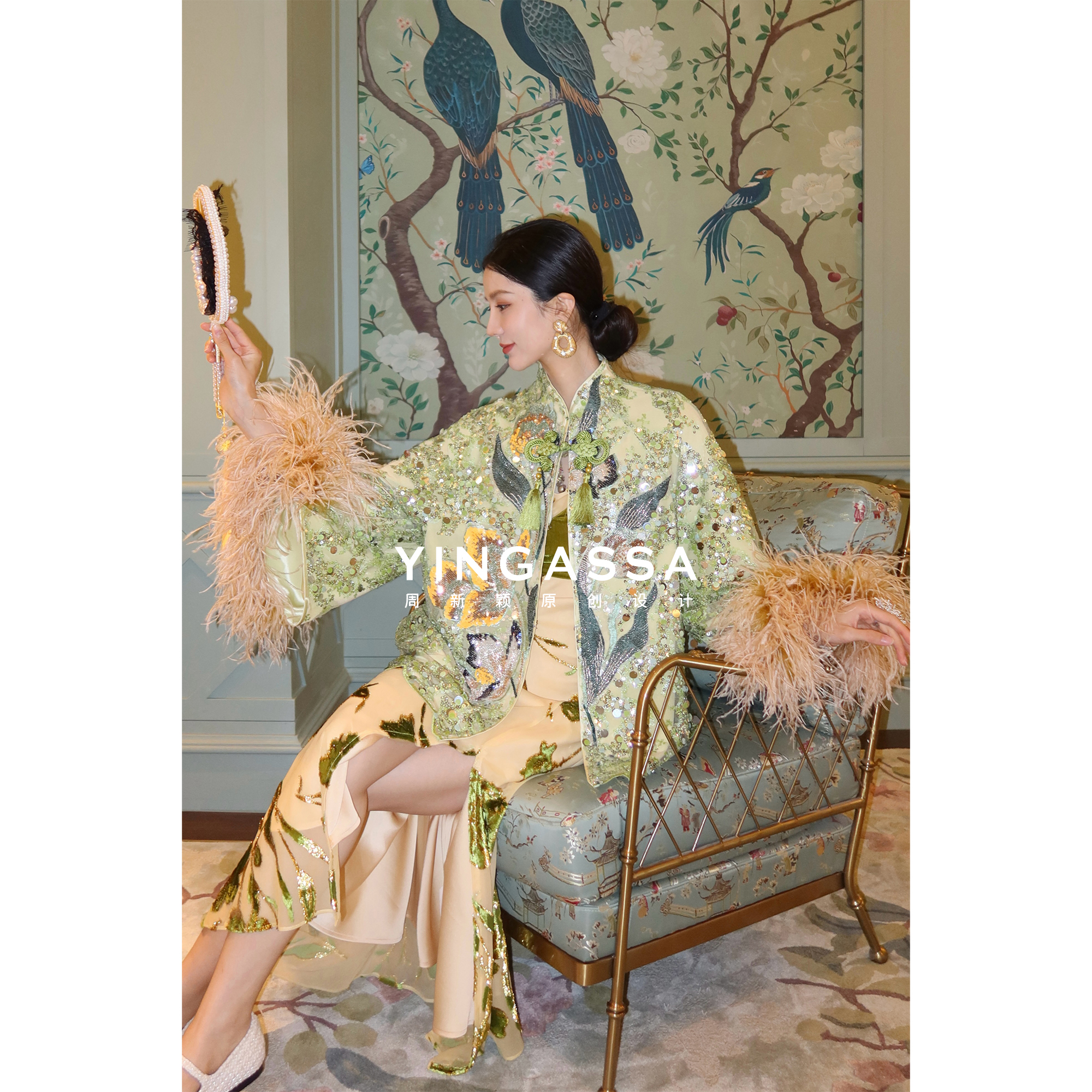 YINGASSA【花的诗人】原创极繁新国风鸵鸟毛绣花上衣/烧花连衣裙
