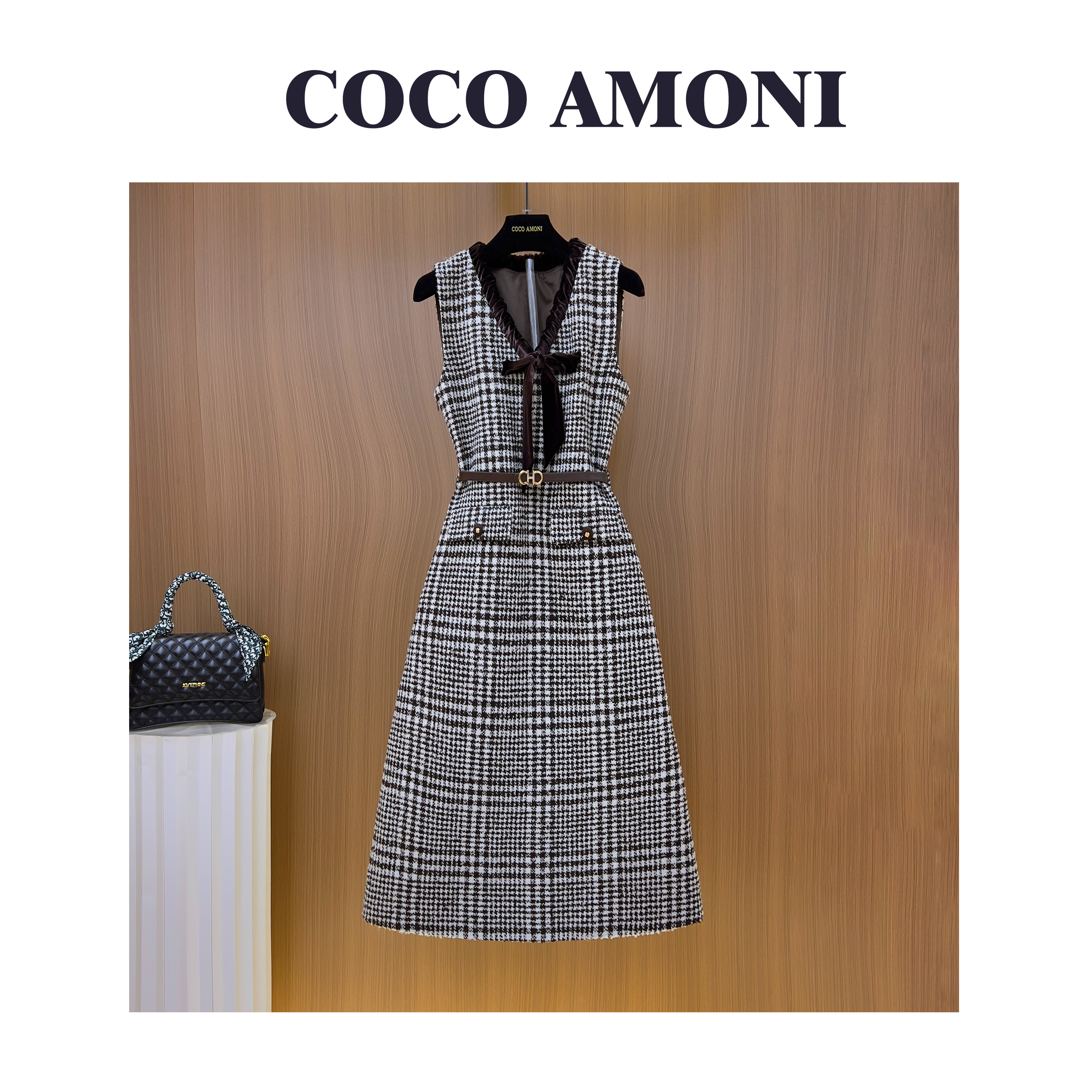 [曼姐]秋冬季时尚设计师爆款女装拼接收腰显瘦气质连衣裙WXH1207