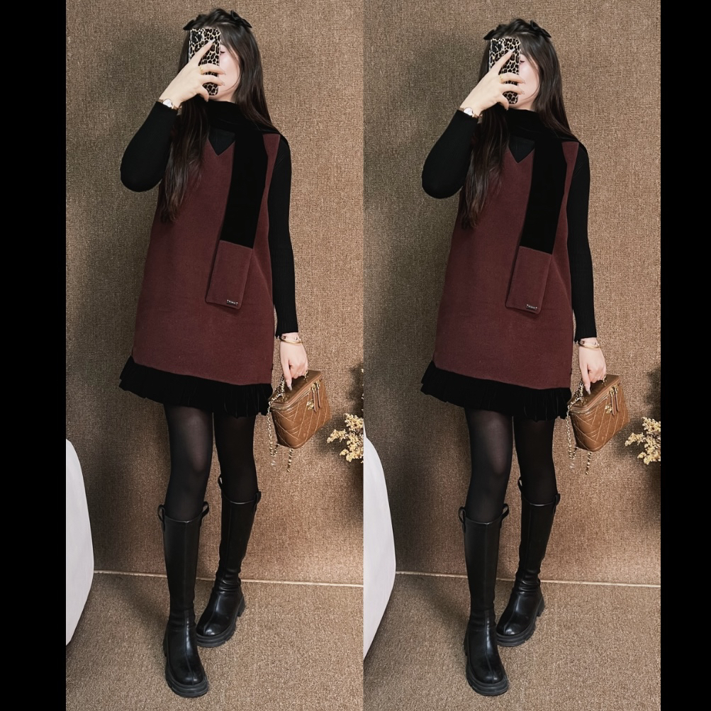 AL 法式赫本风V领收腰显瘦小香风背心连衣裙三件套