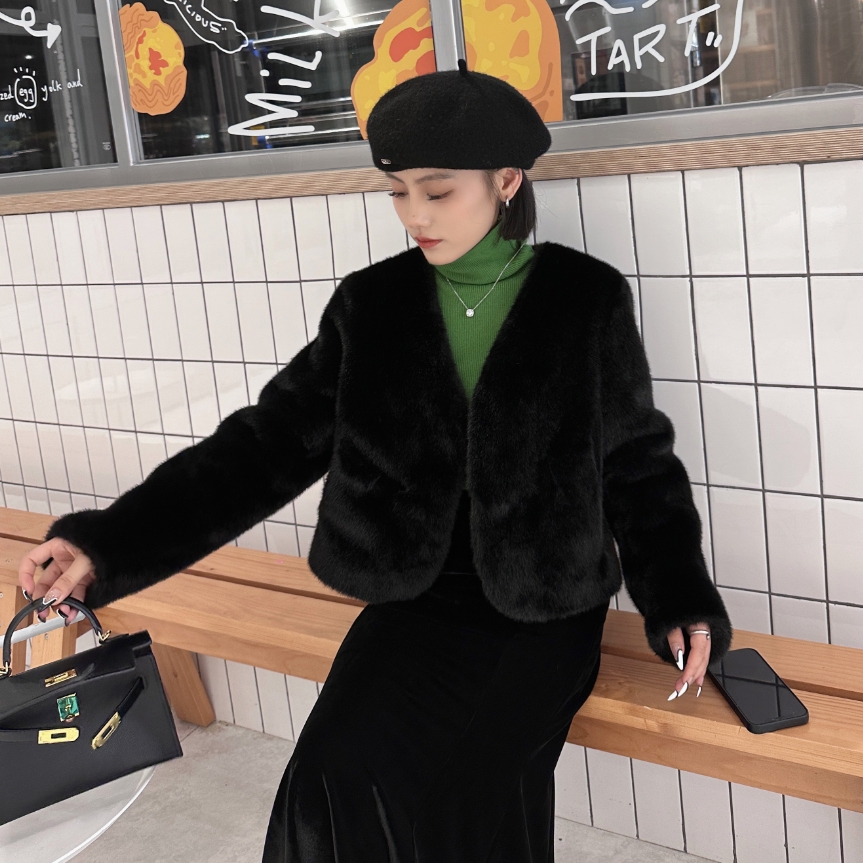 【K N J小个子定制】冬季毛毛外套V领显瘦高级气质短款外套