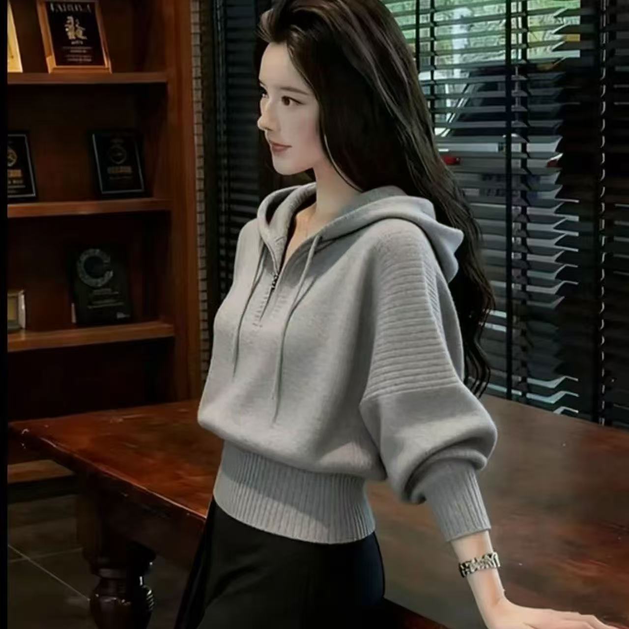 高级感韩版宽松毛衣外套女2025秋冬慵懒风不规则翻领针织衫上衣潮