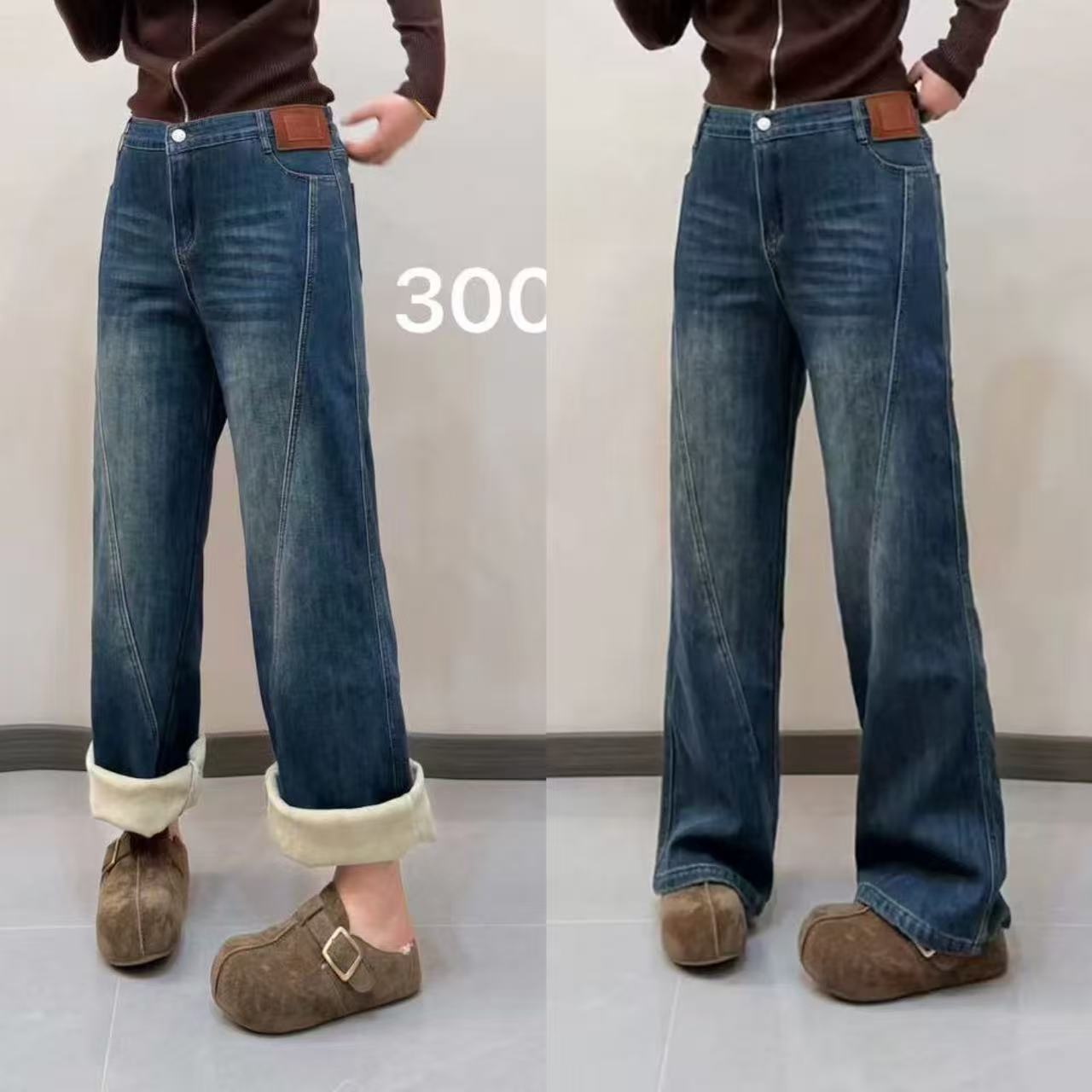 30009（丹姐家）后腰松紧加绒直筒长裤冬款欧货百搭显瘦牛仔裤
