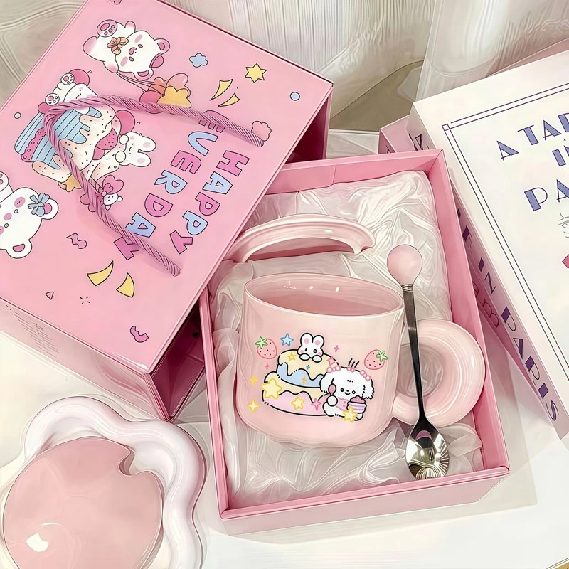 可爱奶fufu生日蛋糕高颜值马克杯带盖陶瓷杯送女生日礼物家用水杯