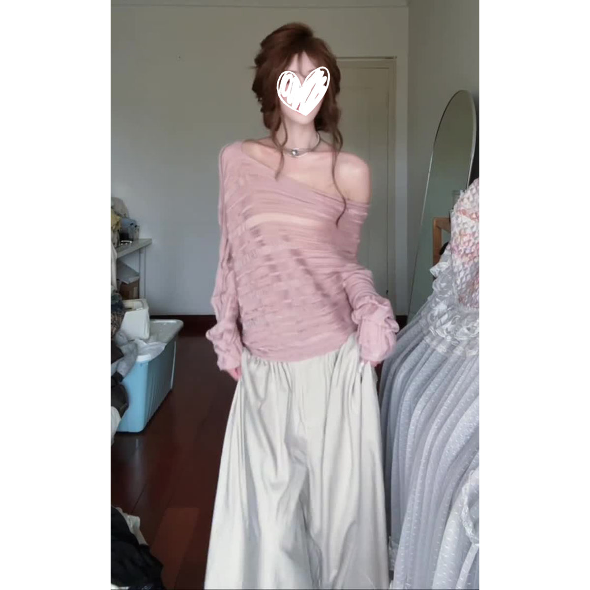 粉色薄款法式温柔风斜肩镂空针织毛衣女秋季上衣阔腿裤两件套套装