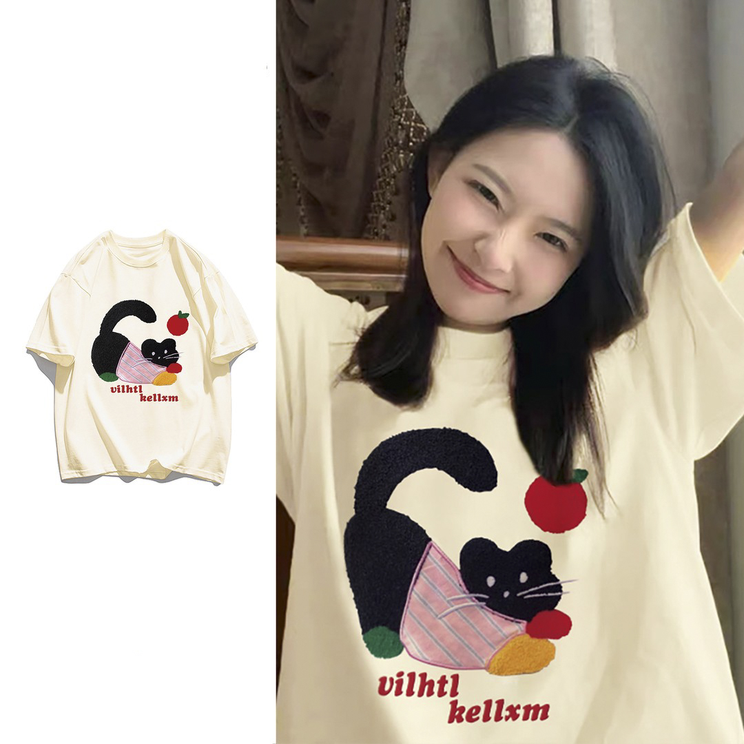 2025新春新款夏季可爱猫咪短袖T恤美式高街独特别致小落肩上衣