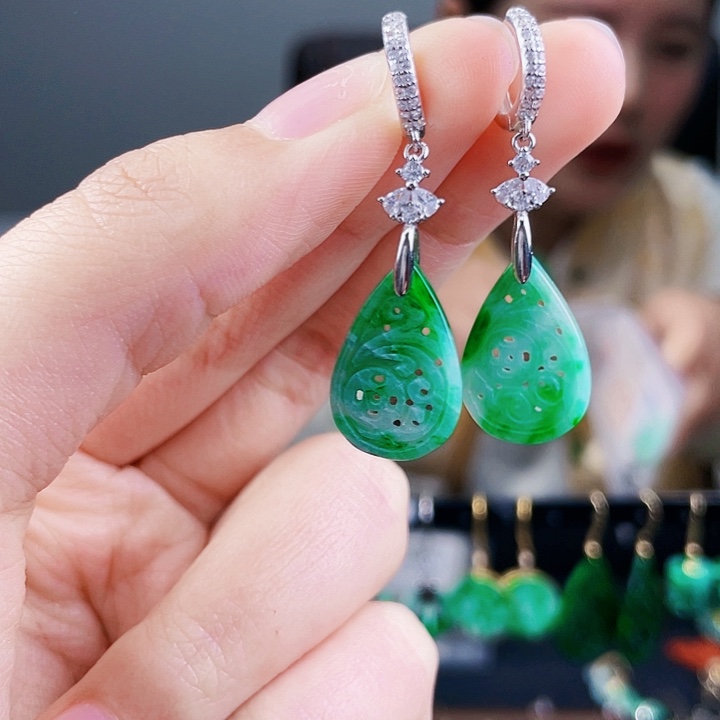 翡翠耳饰银S925镶嵌饰品