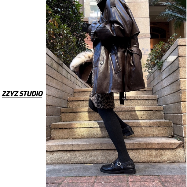 【ZZYZ】“低调老钱”真皮翻领双排扣腰带鹅绒服风衣中长款皮衣外套