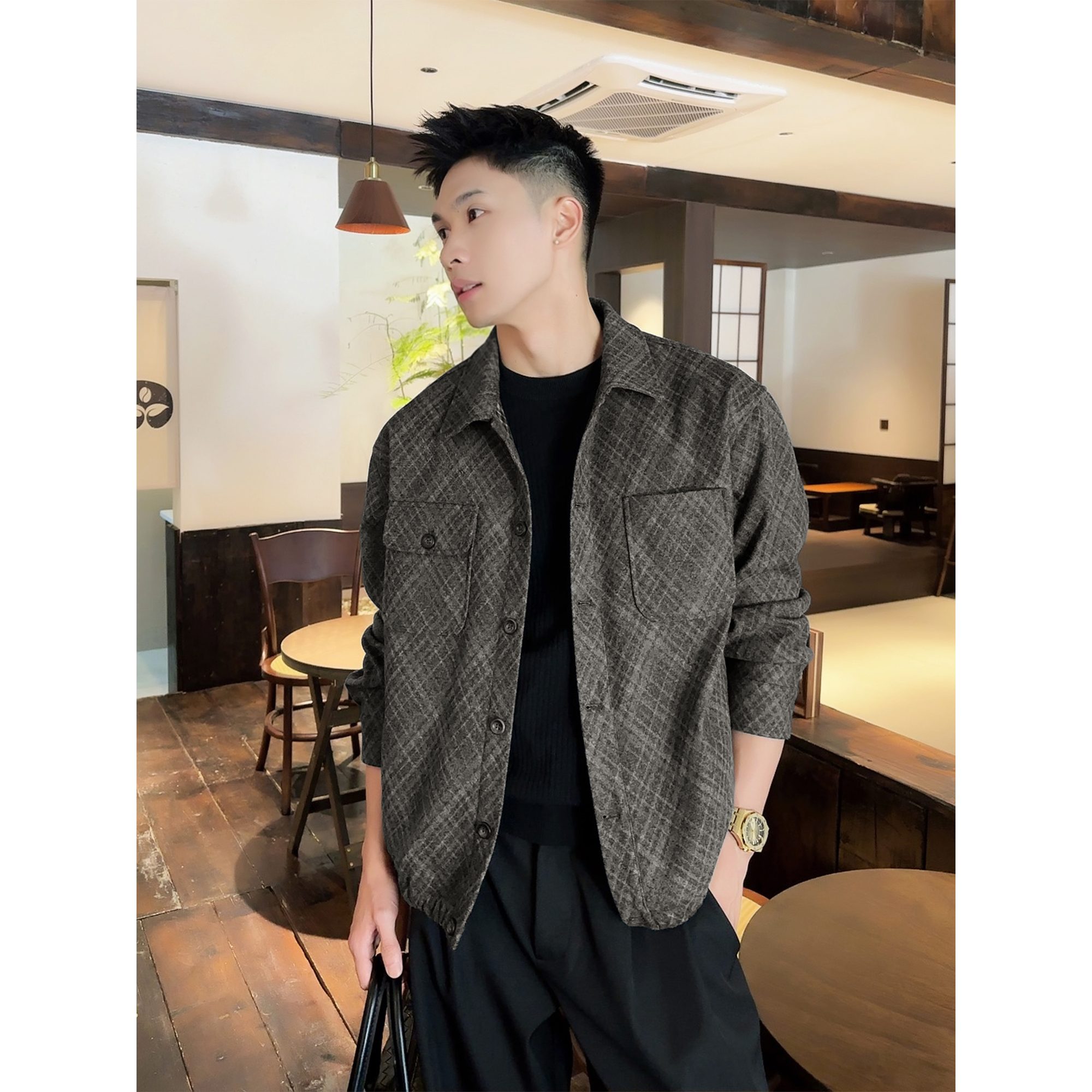 「菱形格艺术设计」复古撞色毛呢质感翻领宽松夹克外套男J2655 A49