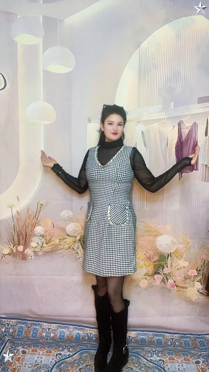 07千鸟格中国风无袖格纹长款民族风时尚套装秋冬休闲风